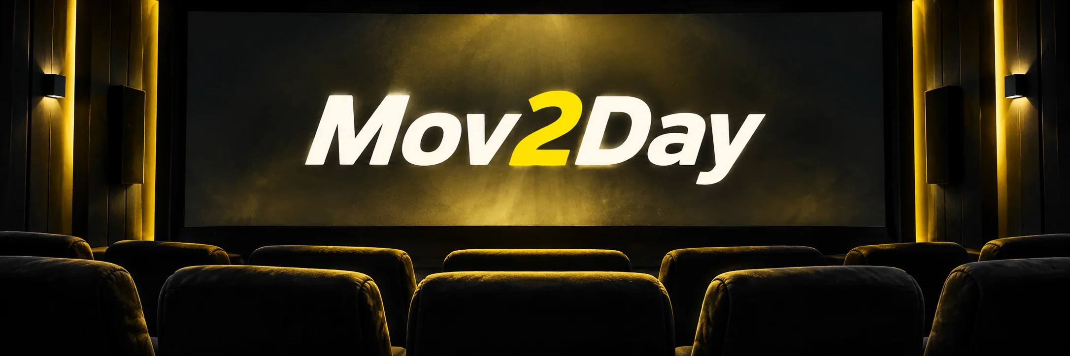 Mov2Day in white and yellow on a warmly lit home cinema screen